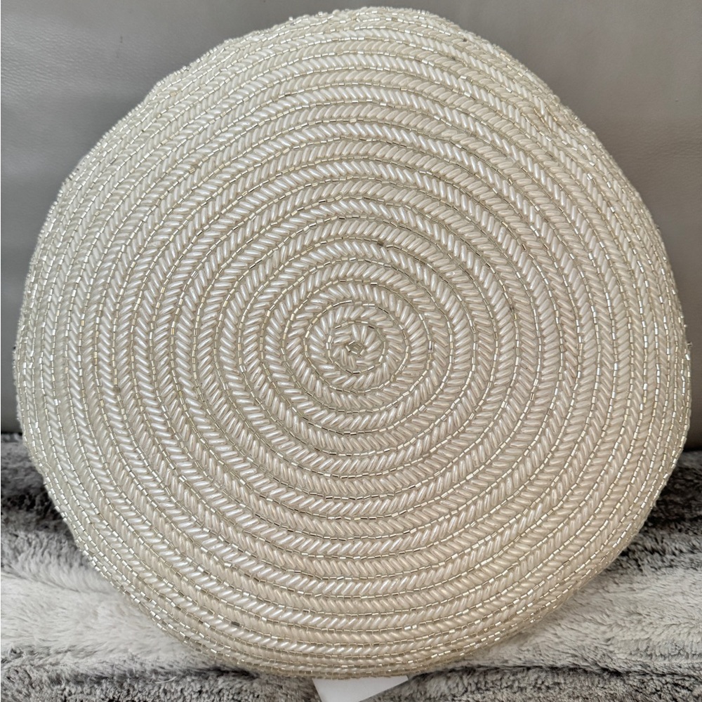 Artistic Accents White Ivory Round Embellished Beaded Pearled Linen Decor Pillow